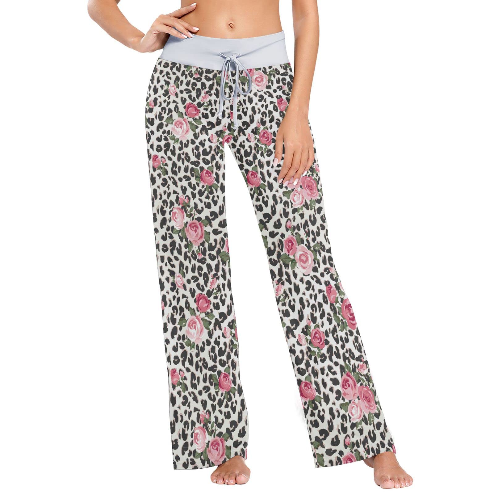 Stylish Rose & Leopard Print Women's Pajama Pants - Soft Stretchy Lounge Pants for Sleepwear & Home Comfort