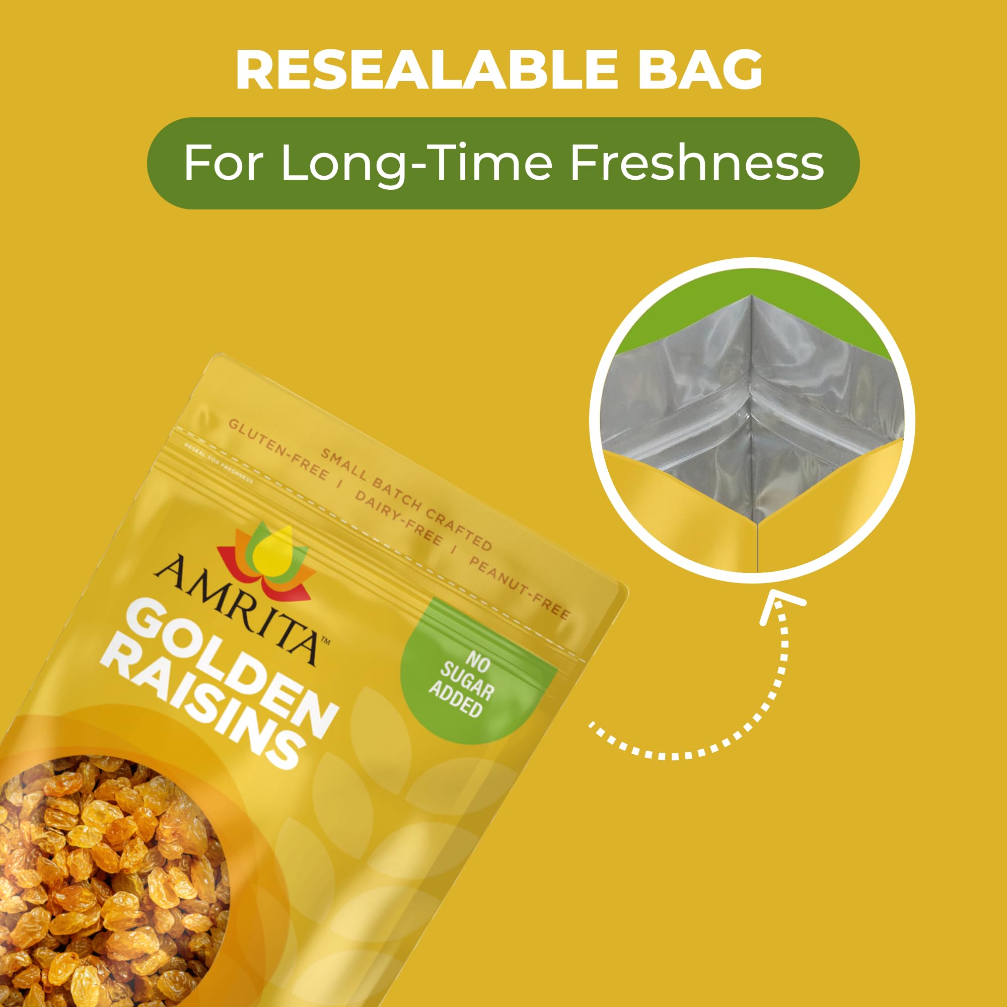 Amrita Golden Raisins 1 lb - No Added Sugar, Naturally Sweet, Gluten Free Dried Sultanas | Vegan & Healthy Snacks | Resealable Bag for Freshness | Perfect for Baking, Trail Mix & Healthy On-the-Go Snacking