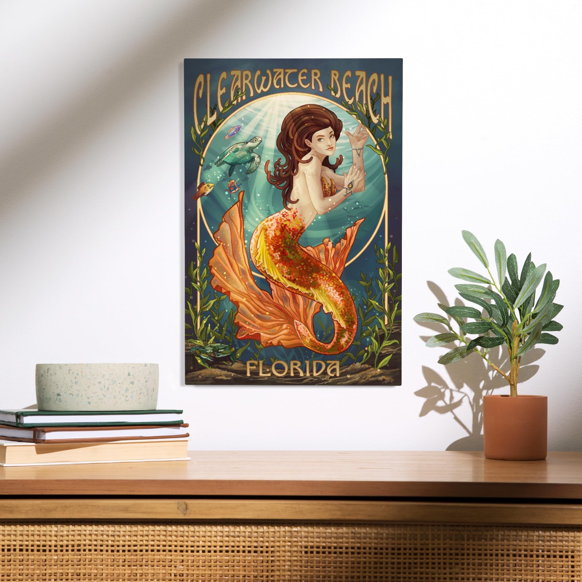 Lantern Press 12x18 Inch Premium Wood Wall Sign - Ready to Hang Coastal Decor - Clearwater Beach Florida Mermaid Art - Perfect for Beach House, Living Room or Gift