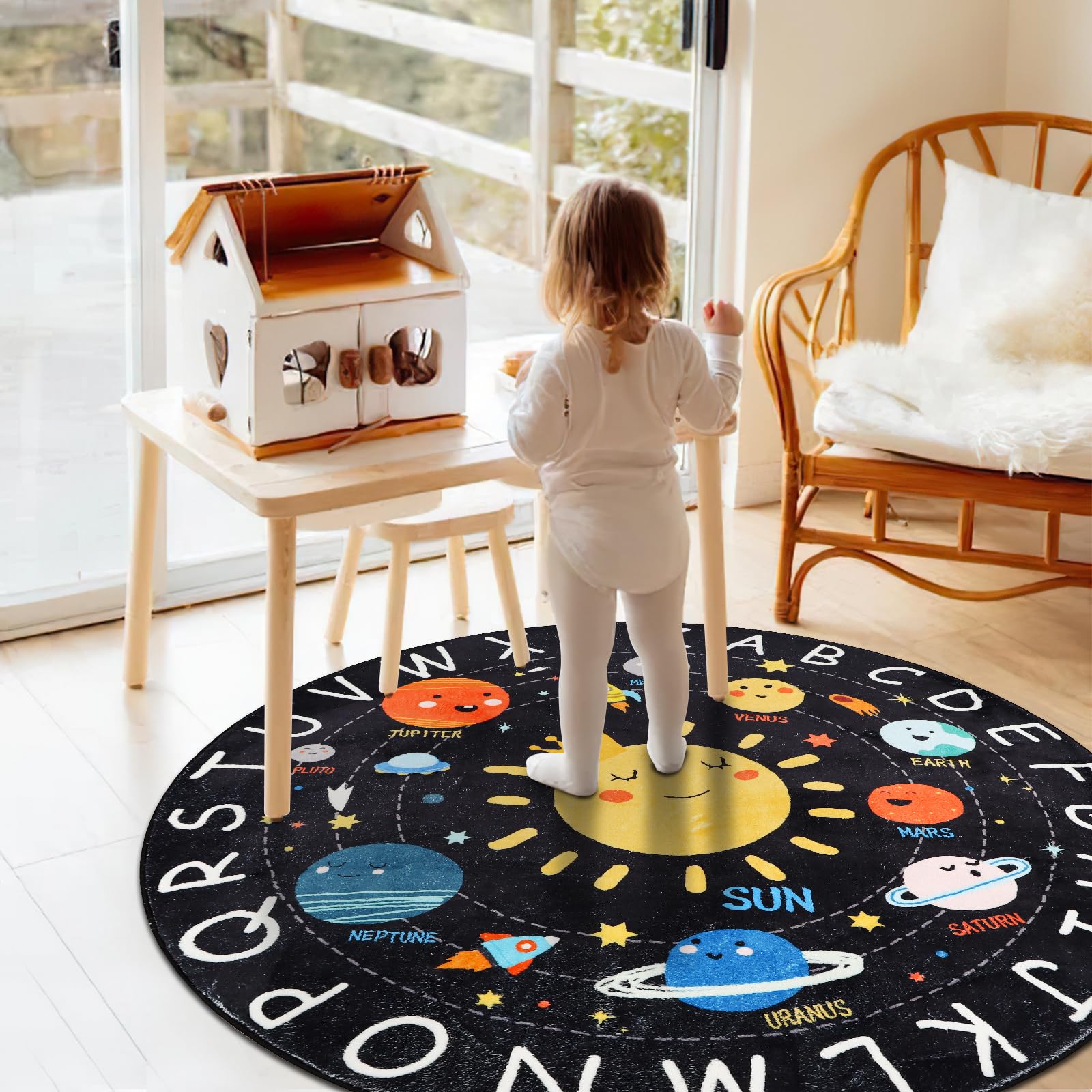 AKASISRUG Solar System Educational Rug for Kids - 5.2 FT Round Washable ABC Learning Carpet for Nursery & Playroom - Perfect for Space-Themed Bedrooms and Toddler Play Areas