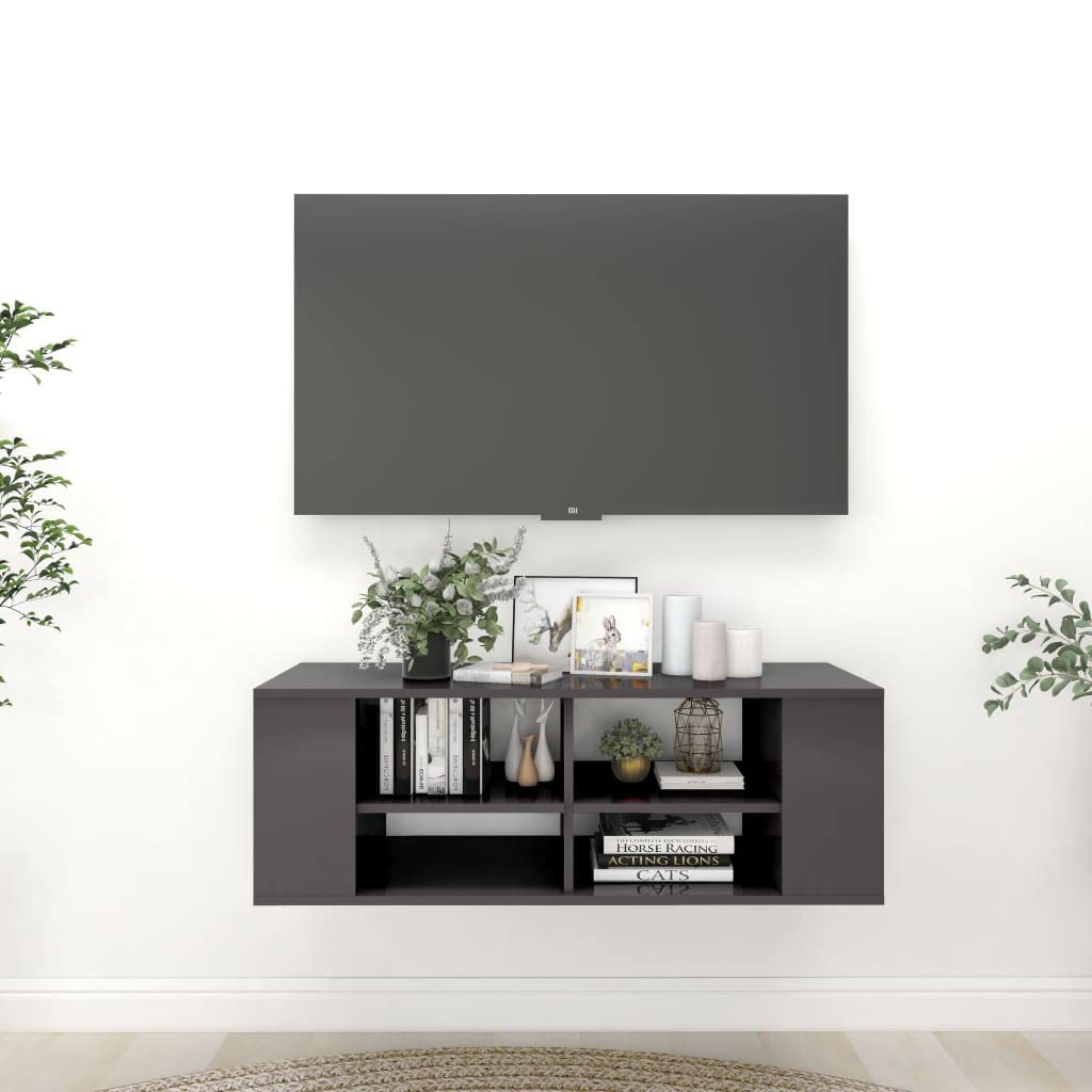 Freestanding Wall Mounted TV Stand Entertainment Center - High Gloss Gray Media Cabinet 40.2x14x14 Inches for Living Room, Home Theater | Chipboard Construction | Space-Saving Design for Modern Homes