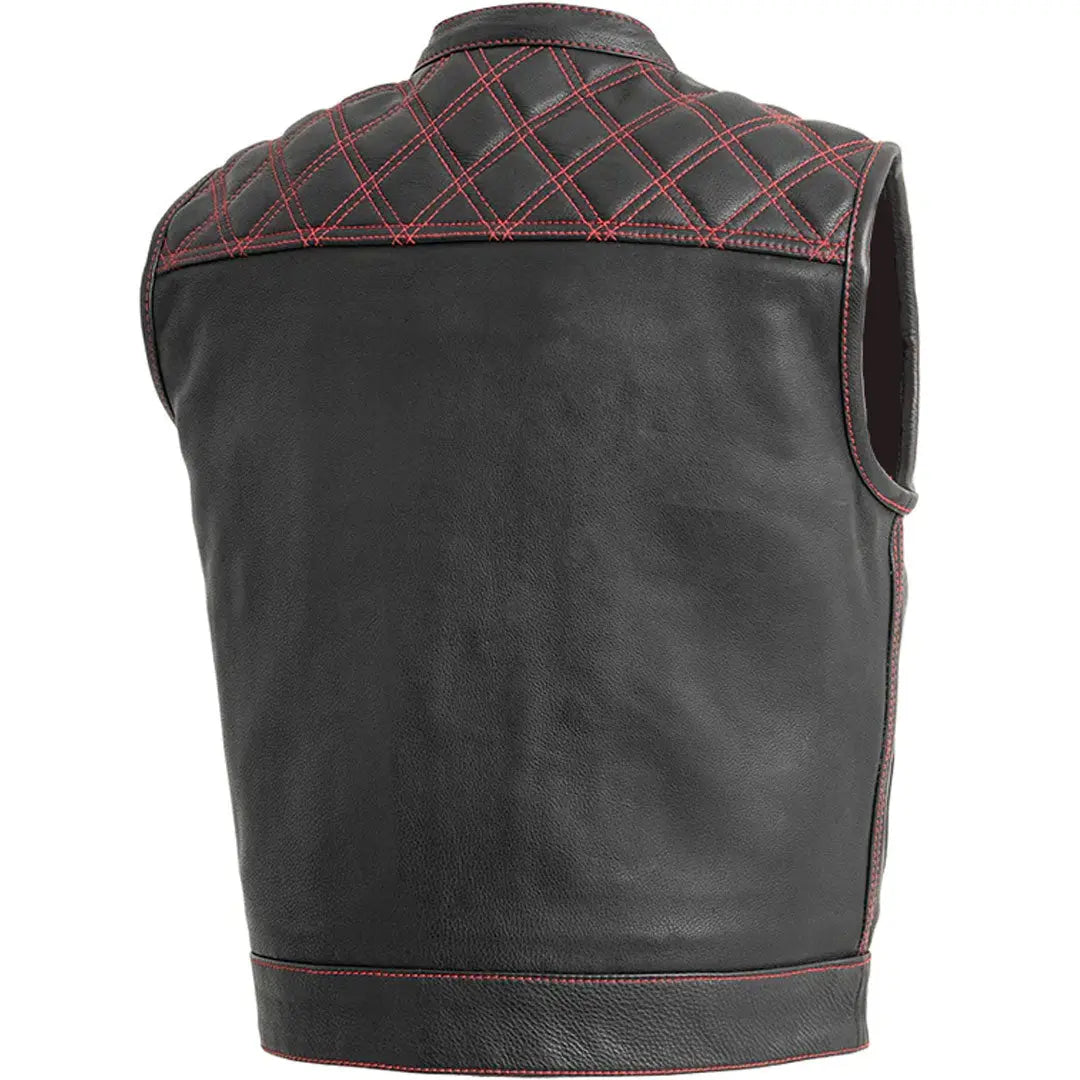 Open Road Men's Upside Leather Vest with Red Stitched Diamonds - Stylish Biker Jacket for Motorcycle Riding & Casual Outfits