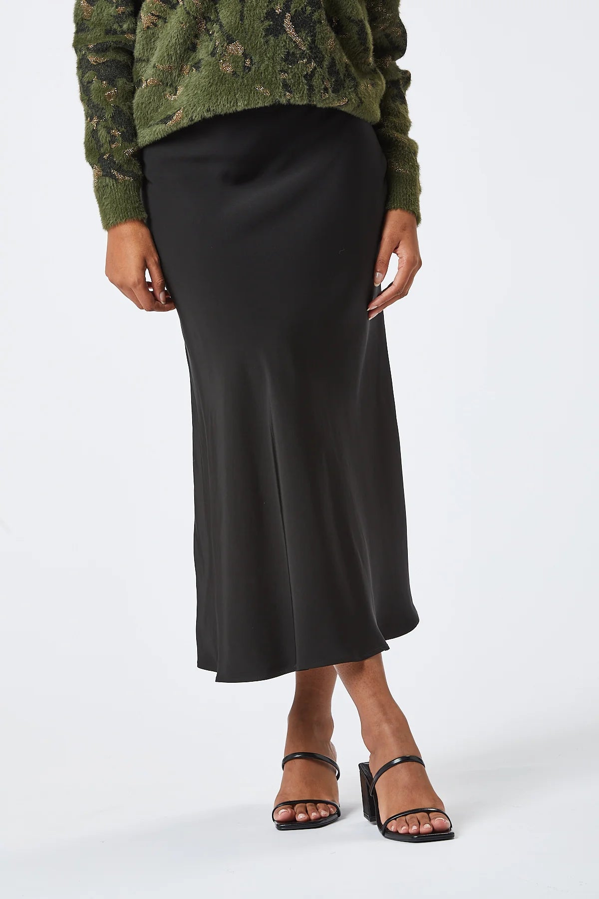 Evelyn Black Midi Skirt for Women - Elegant High Waist Flowy Skirt for Office, Party & Casual Wear