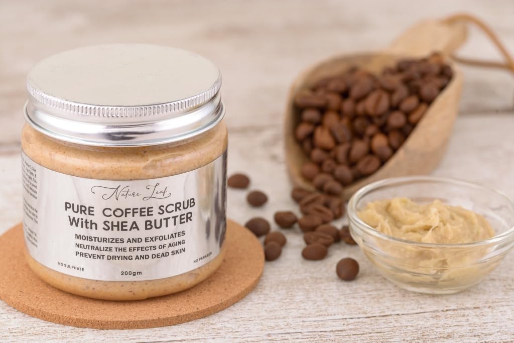 Natural Leaf Pure Coffee Scrub with Shea Butter - Exfoliating & Tan Removing Facial Scrub for Women & Men | Dead Skin Removal & Skin Brightening | 200g | Perfect for Spa Day & At-Home Skincare Routine