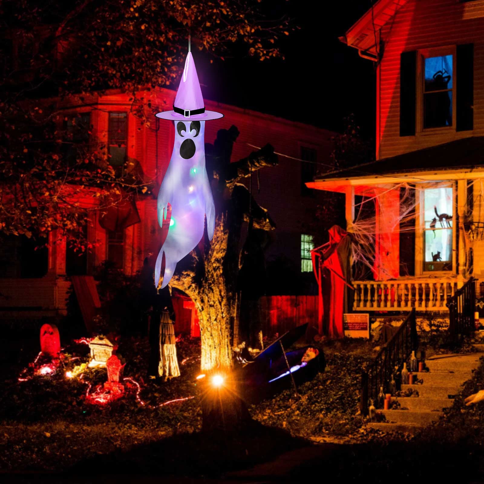LED Halloween Witch Ghost Windsocks - 61 Inch Spooky Outdoor Decor with Lights for Home, Yard, Party | Haunting Hanging Decorations for Halloween Night & Backyard Decorations