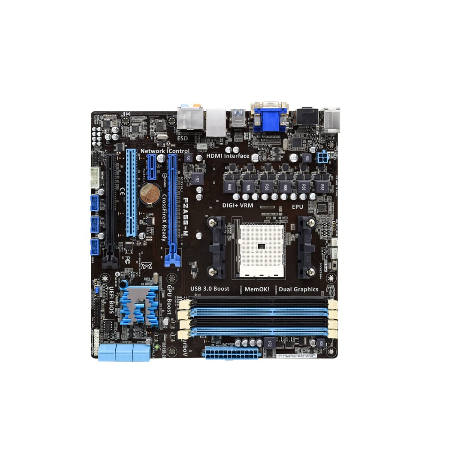 ASUS F2A55-M Desktop Motherboard - FM2 Socket, DDR3 RAM, AMD A55 Chipset, Compatible with AMD Athlon X4 760K CPUs, PCI-E 2.0, USB 3.0, uATX Form Factor | Perfect for Gaming PC Builds & Home Office Workstations