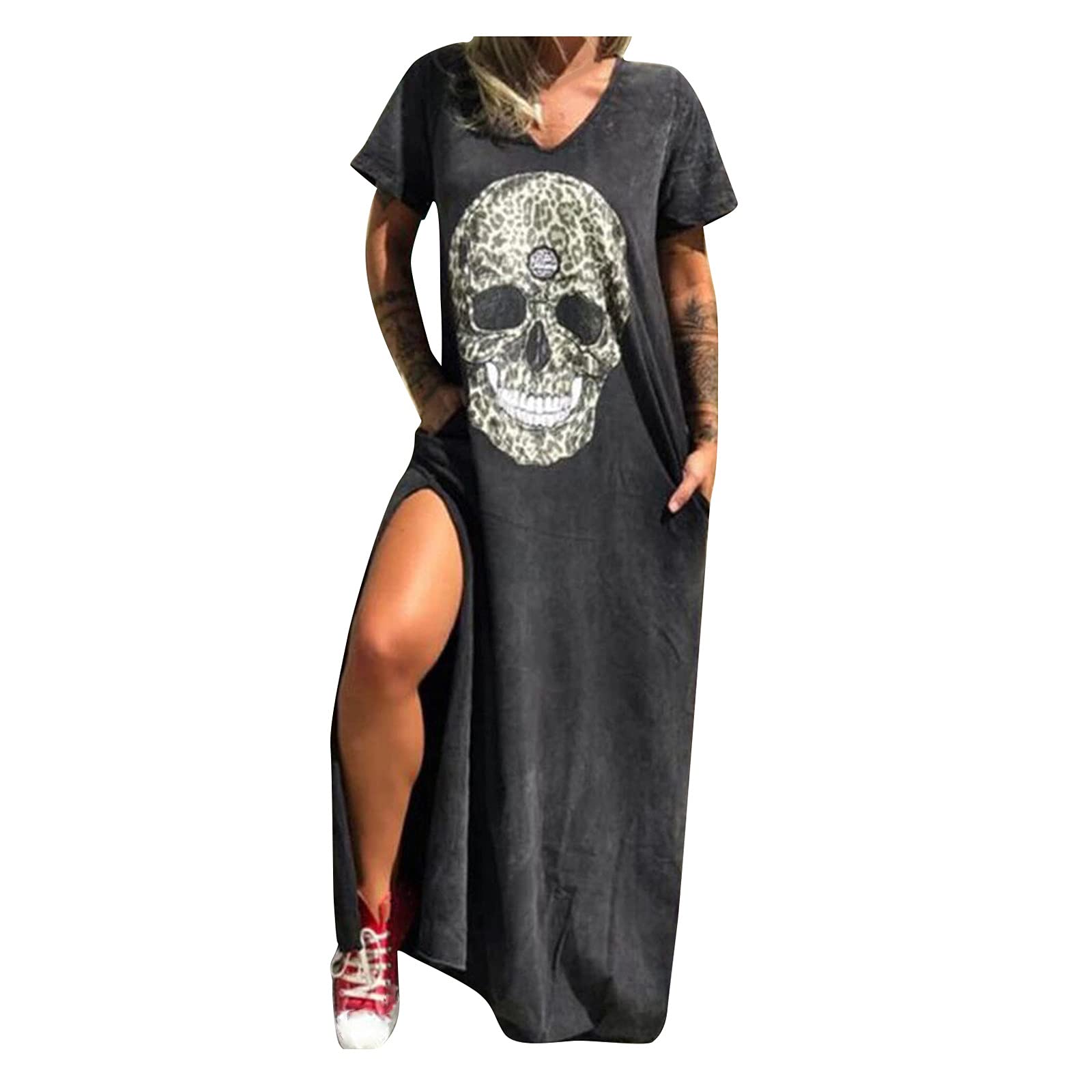Stylish Women's Bohemian V-Neck Skull Print Maxi Dress with Side Slit - Casual Summer Beach Long Skirt (M2452) | Perfect for Vacation, Music Festivals & Boho Chic Outfits