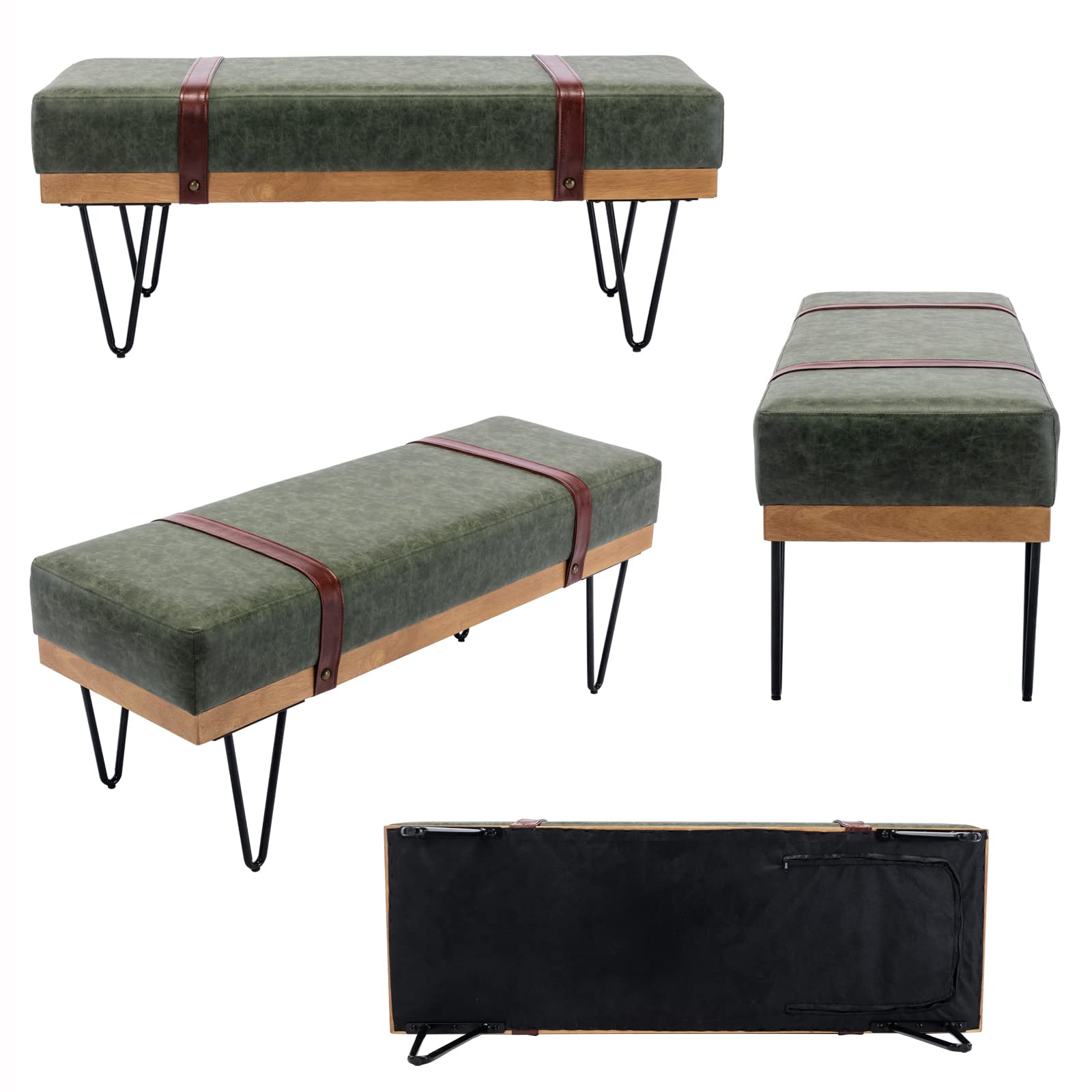 Modern PU Rectangle Ottoman Bench with Metal Legs - Mid Century Style Footstool, Entryway Shoe Bench for Bedroom, Dining & Living Room - Green | Durable PU Strap Design for Home Decor & Comfortable Seating