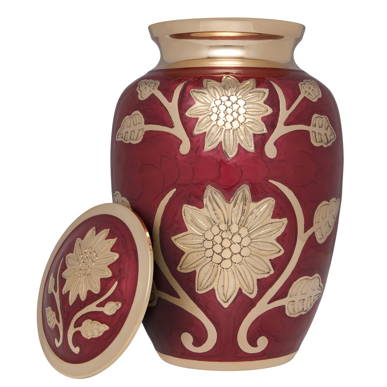 Elegant Red Lacquer Flower Funeral Urn with Gold Rose Design - Brass Cremation Urn for Human Ashes - Large Size Holds Up to 200 lbs - Perfect for Cemetery Burial, Niche Placement & Memorial Displays at Home