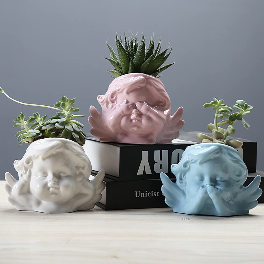 3 Pack Mini Ceramic Succulent Plant Pots - Cute Angel Design Decorative Flower Planters for Home, Office, Desk & Garden Decor | Perfect for Indoor Plants, Succulents & Small Flowers