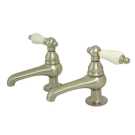 Widespread Bathroom Faucet with Porcelain Lever Handle - Satin Nickel Finish | Perfect for Modern Bathroom Vanities & Powder Rooms