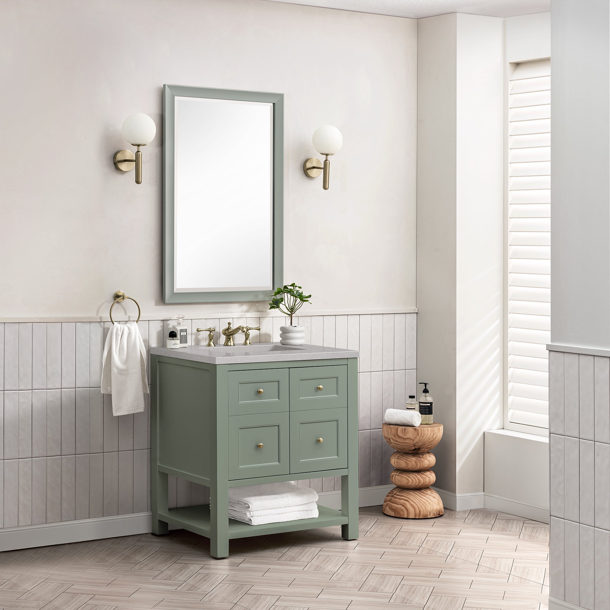 Breckenridge 30 Inch Single Bathroom Vanity with Smokey Celadon Finish and 3CM Eternal Serena Quartz Top - Perfect for Modern Home Bathroom Renovation and Small Space Design