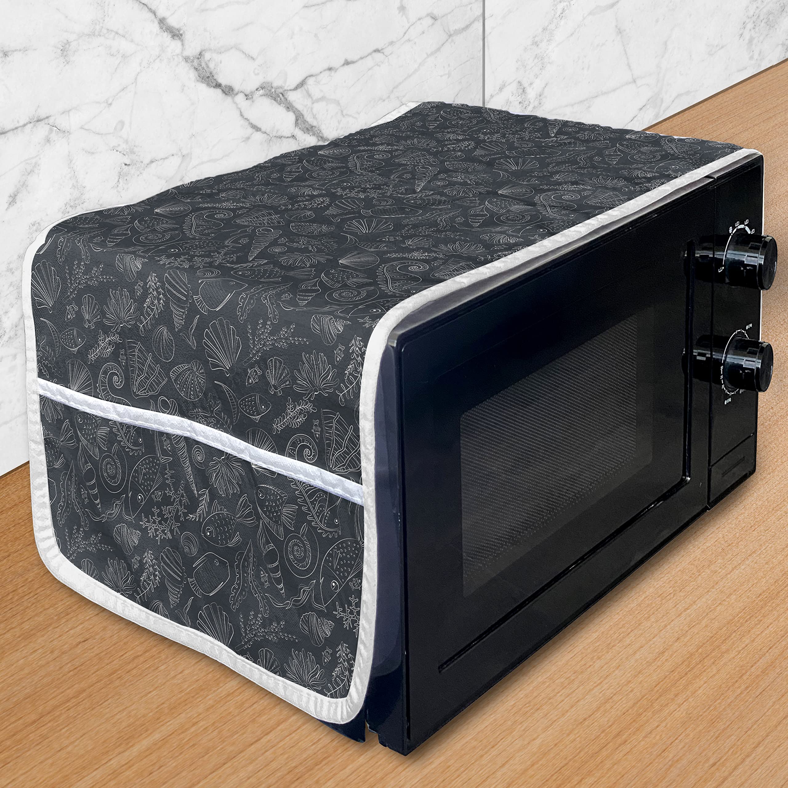 Ambesonne Waterproof Microwave Cover with Hand-Drawn Nautical Design - Coral, Shells & Seahorse Pattern - 36