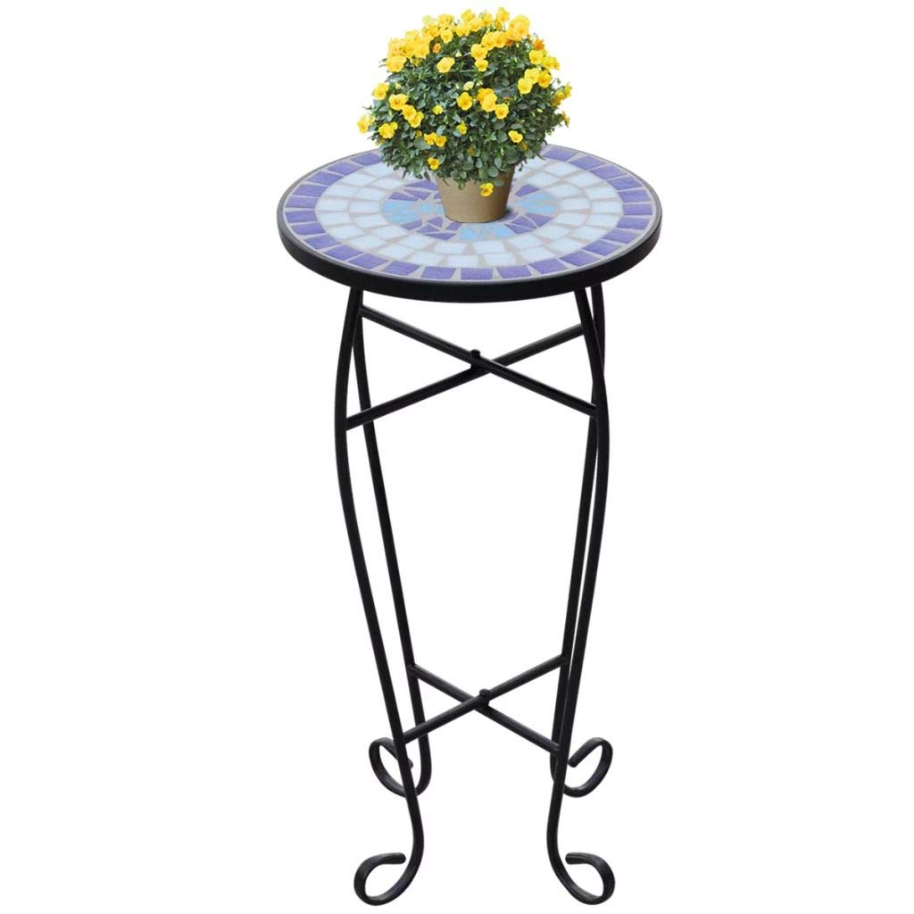 FAMIROSA Blue and White Mosaic Side Table - Small End Table for Plants, Living Room, Bedroom, or Patio Decor