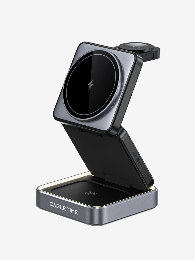 3 in 1 Foldable Wireless Charging Stand for iPhone, Apple Watch & AirPods - Multi-Device Charging Station for Home, Office & Nightstand Use