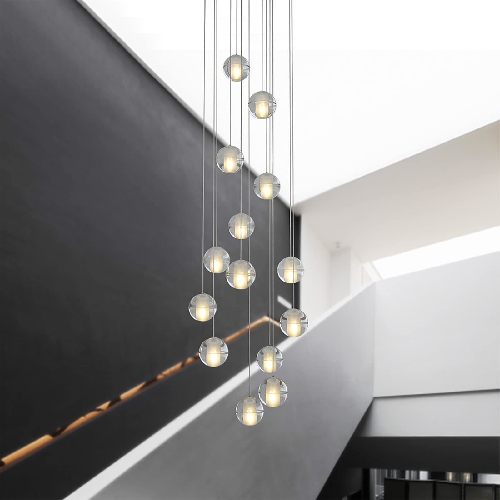 14 Heads Crystal Ball Pendant Light - Modern Adjustable Height Chandelier with Warm White LED (42W) for Living Room, Spiral Staircase, Hallway & Dining Room Lighting