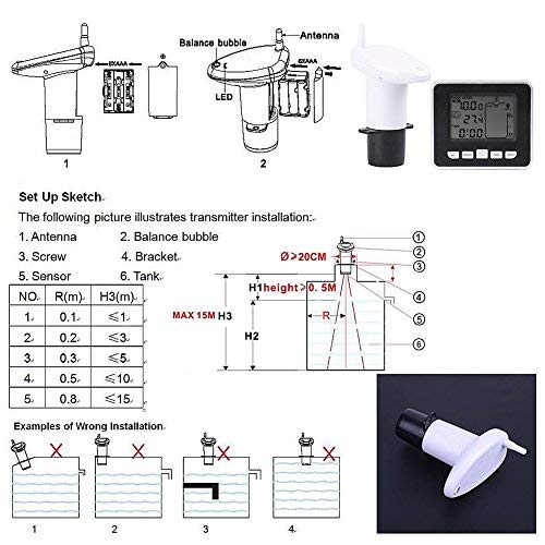 Ultrasonic Water Level Meter with Temperature Sensor - Digital Display Tank Depth Gauge for Water Storage, Pools, and Industrial Liquid Monitoring