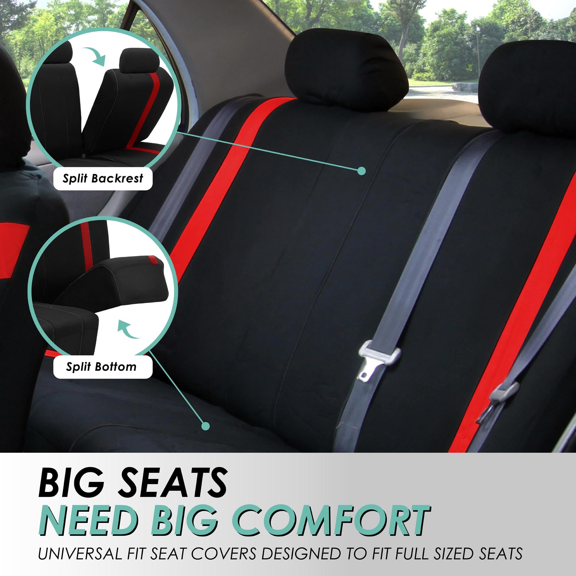 Premium FH Group Cosmopolitan Flat Cloth Car Seat Covers Full Set - Universal Fit for Cars, Vans & Trucks (Red Combo) | Includes Steering Wheel Cover & Seat Belt Pads | Airbag Compatible & Split Rear Design | Perfect for Daily Commute, Road Trips & Family Travel
