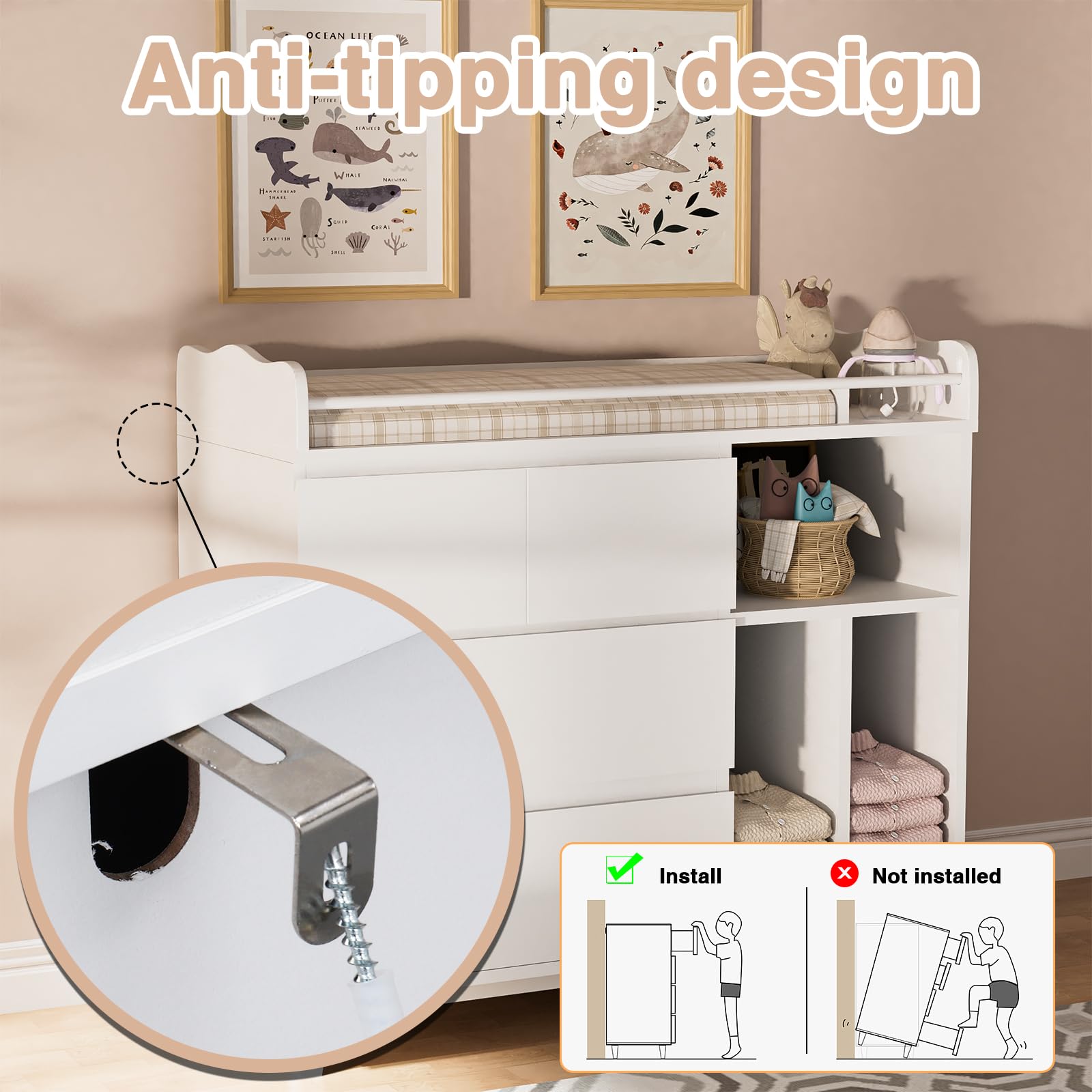 White Baby Dresser with Changing Table Top - 4 Drawers & 3 Shelves Nursery Dresser for Newborns | Tall Dresser for Bedroom, Nursery & Entryway | Perfect for Diaper Changes & Baby Storage Organization