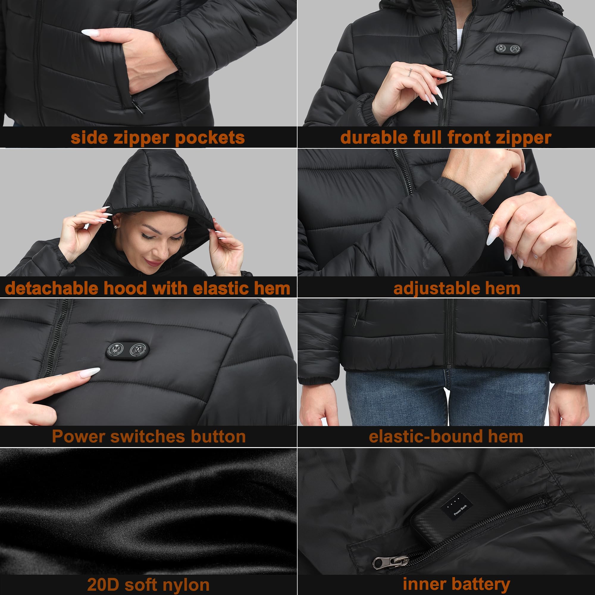 Women's Heated Jacket with Battery Pack - Rechargeable Electric Winter Coat for Skiing, Hunting & Outdoor Activities | Detachable Hood & 3 Heating Zones | Perfect for Cold Weather & Winter Sports