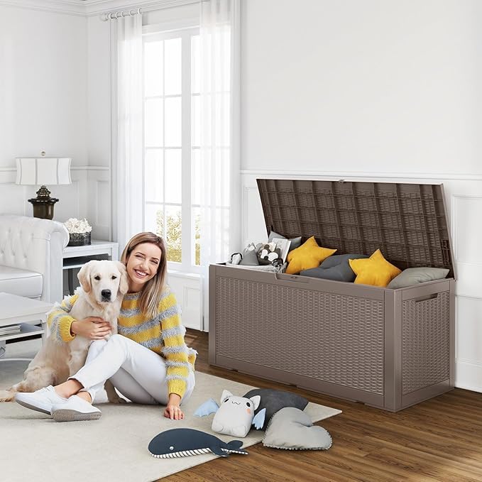 ROJIK 100 Gallon Outdoor Storage Deck Box - Waterproof Patio Furniture Cover, Garden Tools Organizer, Pool Accessories & Cushions Storage Bench with Lockable Lid & Side Handles (Cappuccino) - Perfect for Backyard, Deck, Poolside & Garden Organization