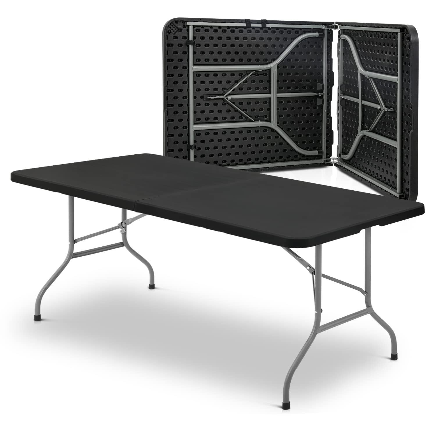 MoNiBloom 8Ft Folding Heavy Duty Utility Table - Indoor Outdoor Portable Plastic Table with Steel Legs & Handle for Wedding, Event, Picnic, Camping, BBQ - Black (Perfect for Parties, Tailgating & Home Use)