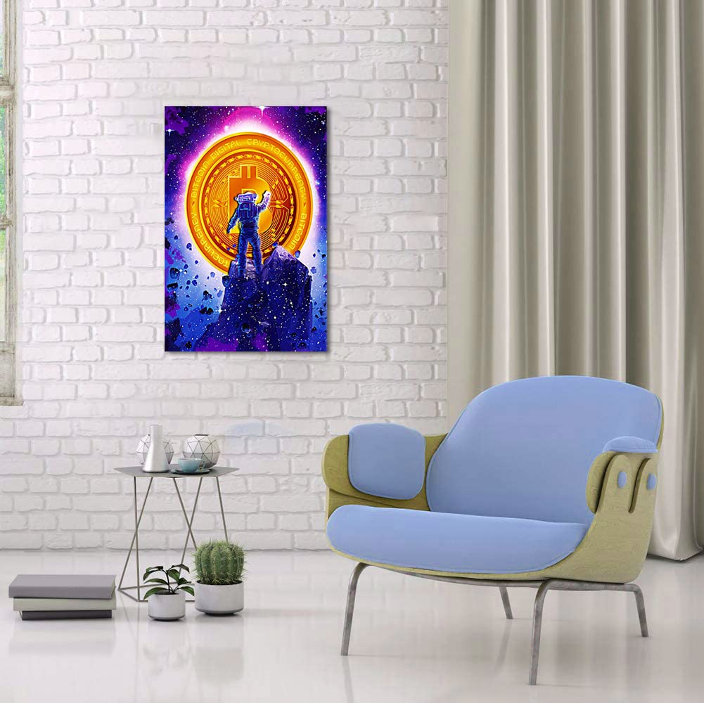 Golden Bitcoin Astronaut Motivational Wall Art - 12x16 Inch Framed Office Decor, Inspirational Poster for Living Room, Bedroom & Workspace | Modern Pop Art, Easy to Hang | Perfect for Home Office, Man Cave & Crypto Enthusiast Spaces