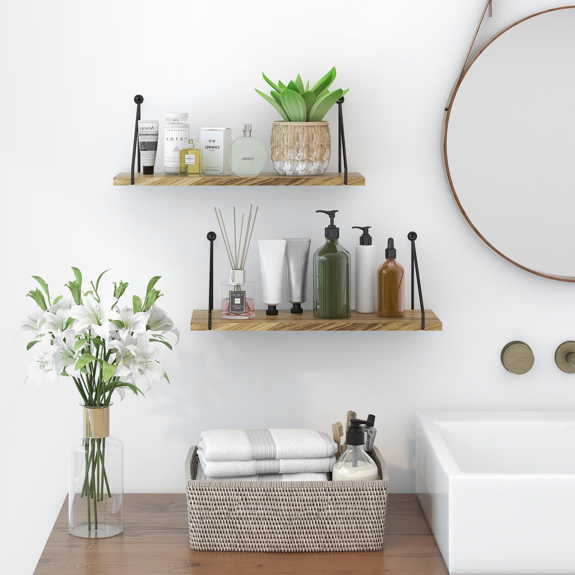 SUMGAR Set of 2 Rustic Floating Wood Shelves - Wall Mounted Storage Shelf for Kitchen, Bathroom, Bedroom, Living Room & Home Office - Decorative Display Organizer for Books, Plants & Home Decor - Easy to Install Hanging Shelves