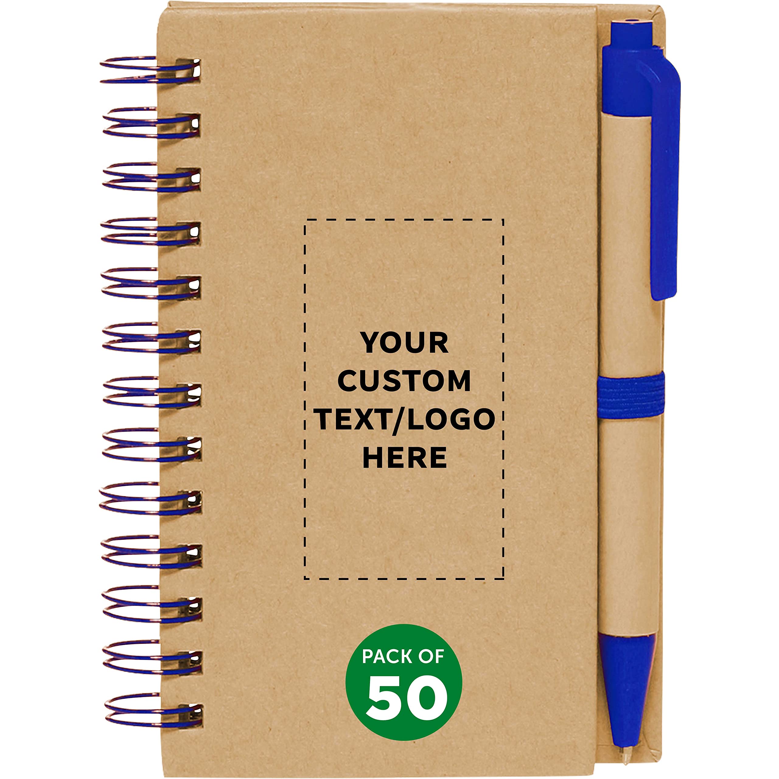 Custom Mini Spiral Notebooks with Black Ink Pens (50-Pack) - Personalized Bulk Journals for School, Office & Business Use - Blue - Perfect for Note Taking, Gifts & Daily Organization