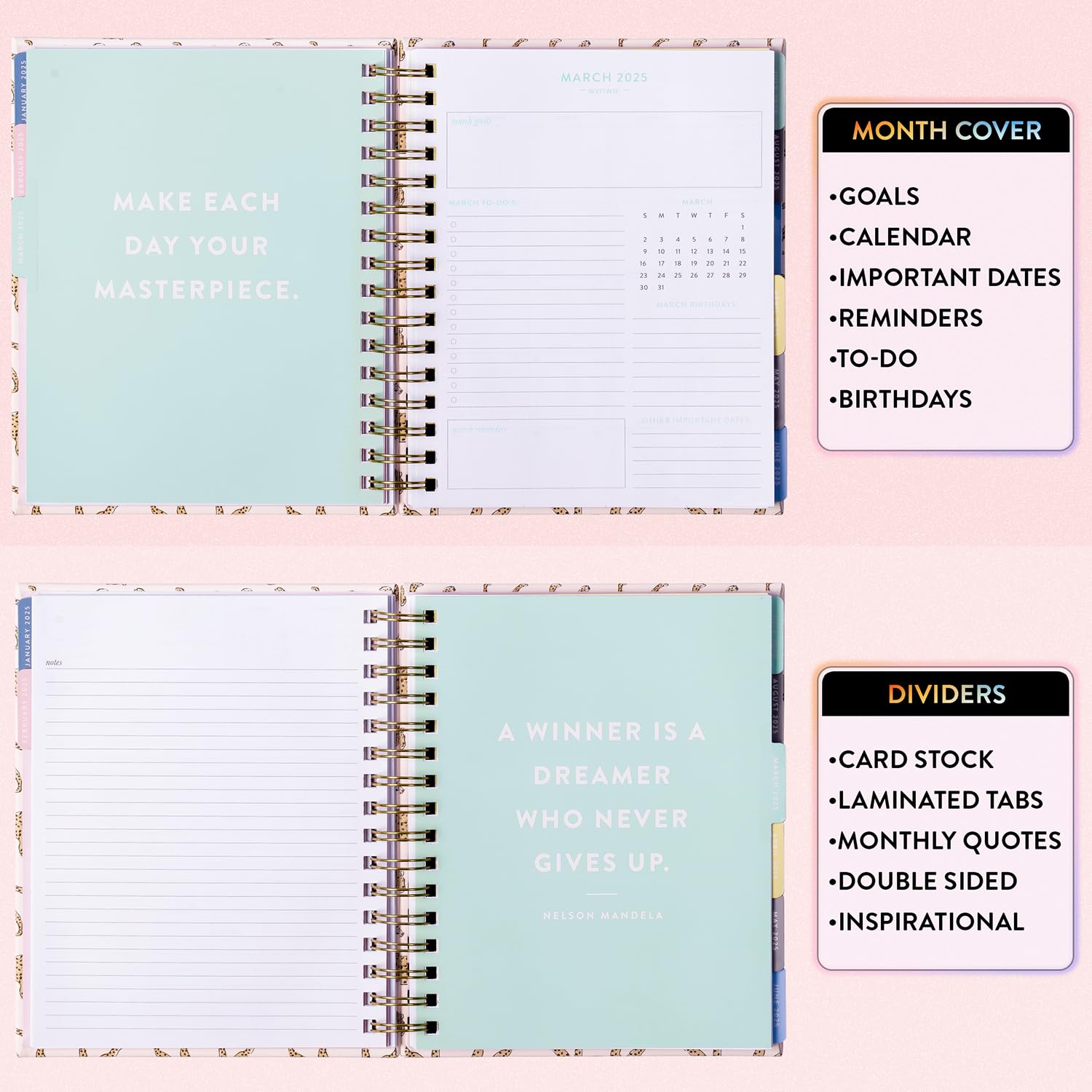 2025 Eccolo Spiral Planner - Cheetah Print Weekly & Monthly Agenda with Sticker Sheets & Motivational Quotes - 7.75