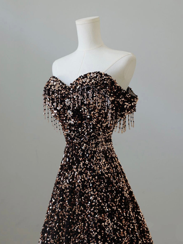 Elegant Off Shoulder A-Line Coffee Gold Sequin Long Prom Dress | Formal Evening Gown for Homecoming, Wedding & Special Occasions