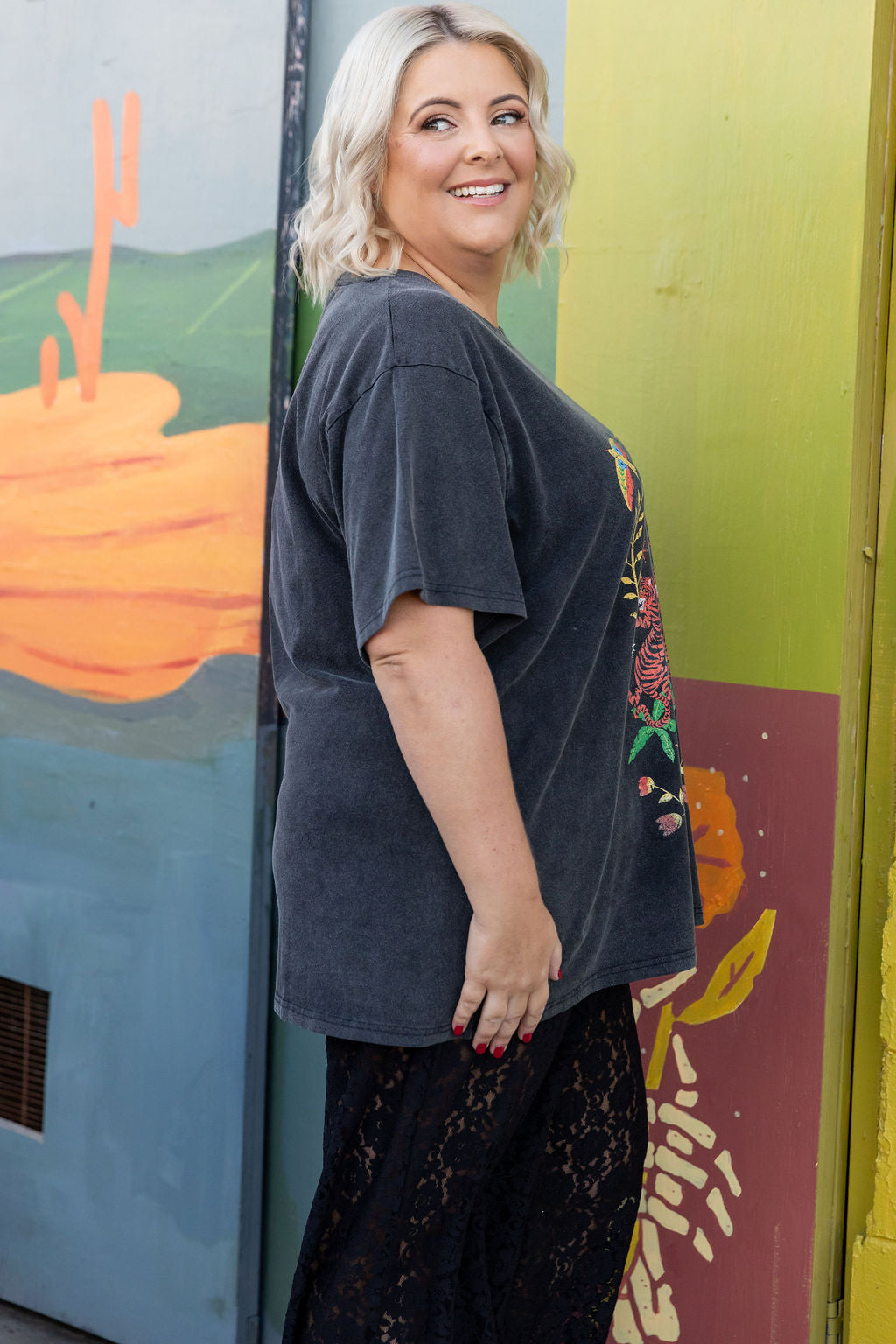 Wild & Free Oversized Black Acid Wash T-Shirt for Women - Casual Streetwear & Loungewear