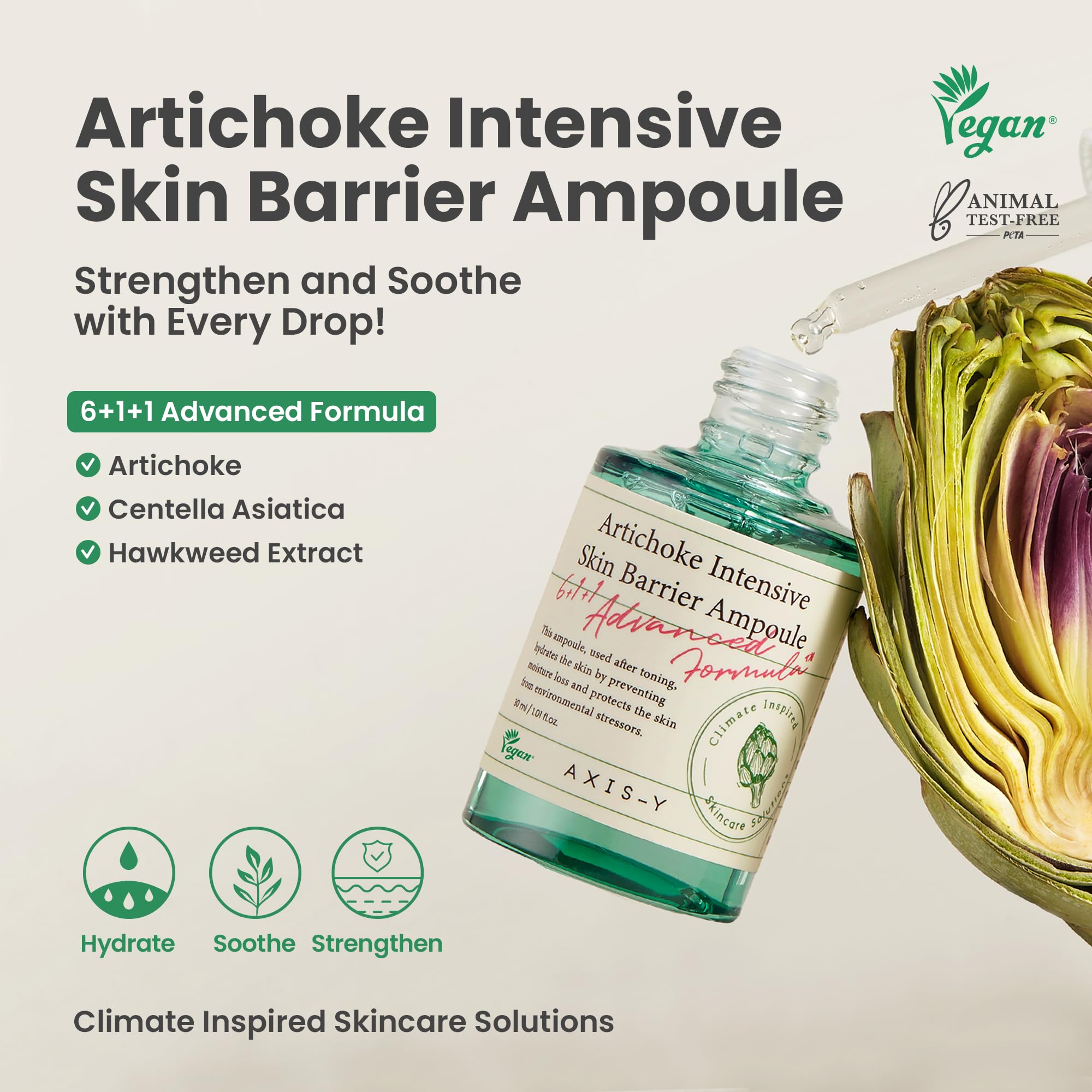 AXIS-Y Artichoke Intensive Skin Barrier Ampoule - Hydrating & Soothing Serum with Centella Asiatica, Licorice & Aloe for Sensitive Skin & Irritation Relief - Vegan Korean Skincare (1.01 fl oz) - Perfect for Dry Skin, Redness Reduction & Nighttime Repair Routine