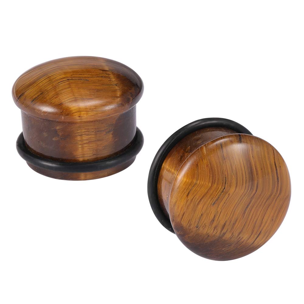 ZS Tiger Eye Natural Stone Brown Single Flare Ear Plugs with O-Rings - Stretching Gauges for Body Piercing & Ear Expansion - Perfect for Everyday Wear, Workouts, and Alternative Fashion