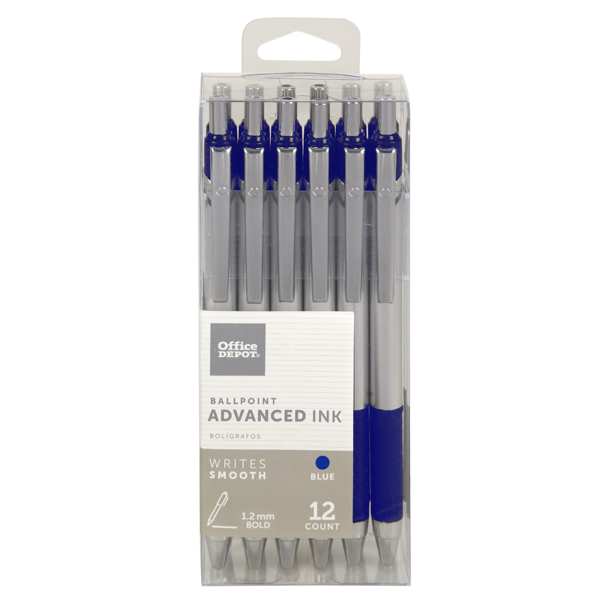 FORAY(R) Advanced Retractable Ballpoint Pens - 1.2mm Bold Point, Silver Barrel with Blue Ink (12-Pack) - Premium Writing Pens for Office, School & Business Use