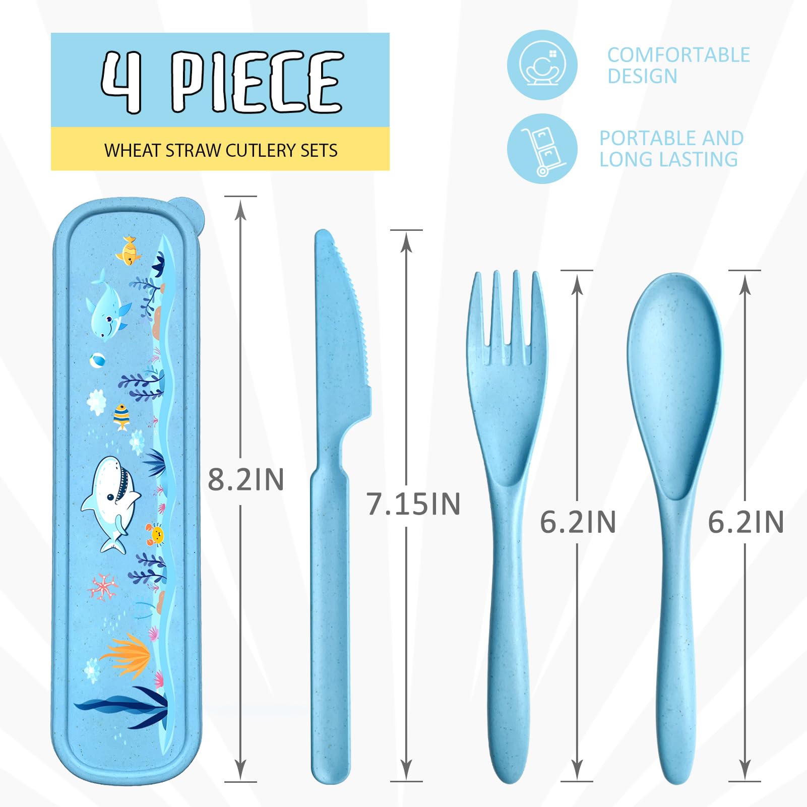 Teivio Eco-Friendly Wheat Straw Travel Utensil Set for Kids - Reusable Plastic Fork, Spoon, Knife & Chopsticks with Whales Storage Case | Perfect for School Lunch, Camping & Picnics (Blue)