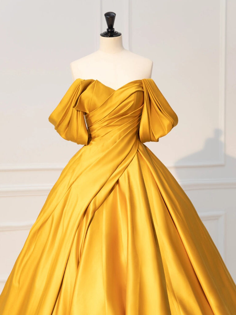 Elegant Off-Shoulder A-Line Yellow Satin Prom Dress - Long Formal Evening Gown for Homecoming, Wedding Guest & Special Occasions