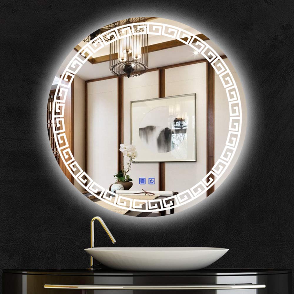 Round LED Vanity Mirror with Anti-Fog & Dual Touch Control - Chinese Style Lace Design (60x60cm, 70x70cm, 80x80cm, 90x90cm) for Bathroom Makeup & Dressing Room Decor