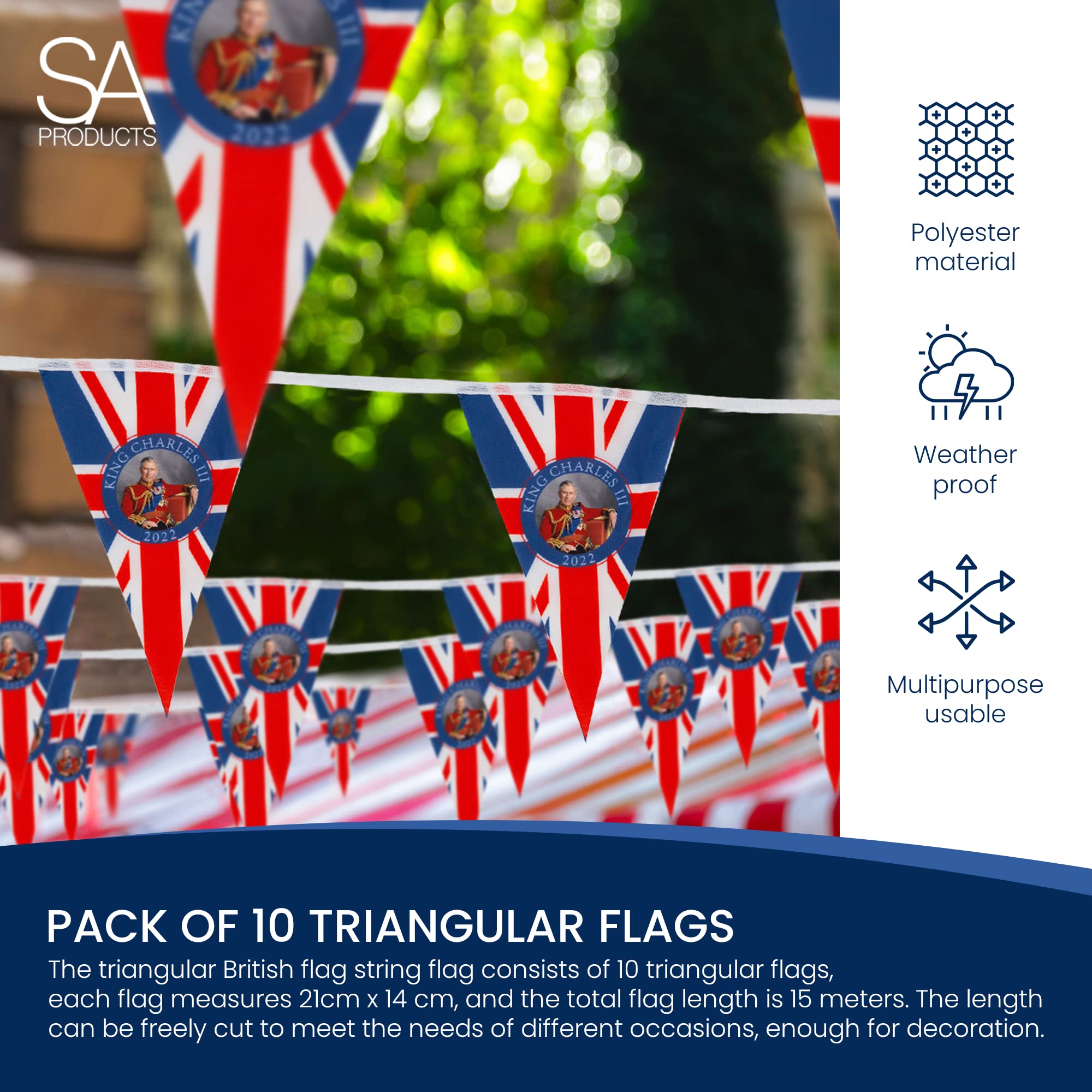SA Products King Charles Coronation Decorations - 21x14CM Union Jack Flags (15M Long) - Royal Kings Coronation Party Supplies | Perfect for Home Decor, Street Parties & British Themed Events