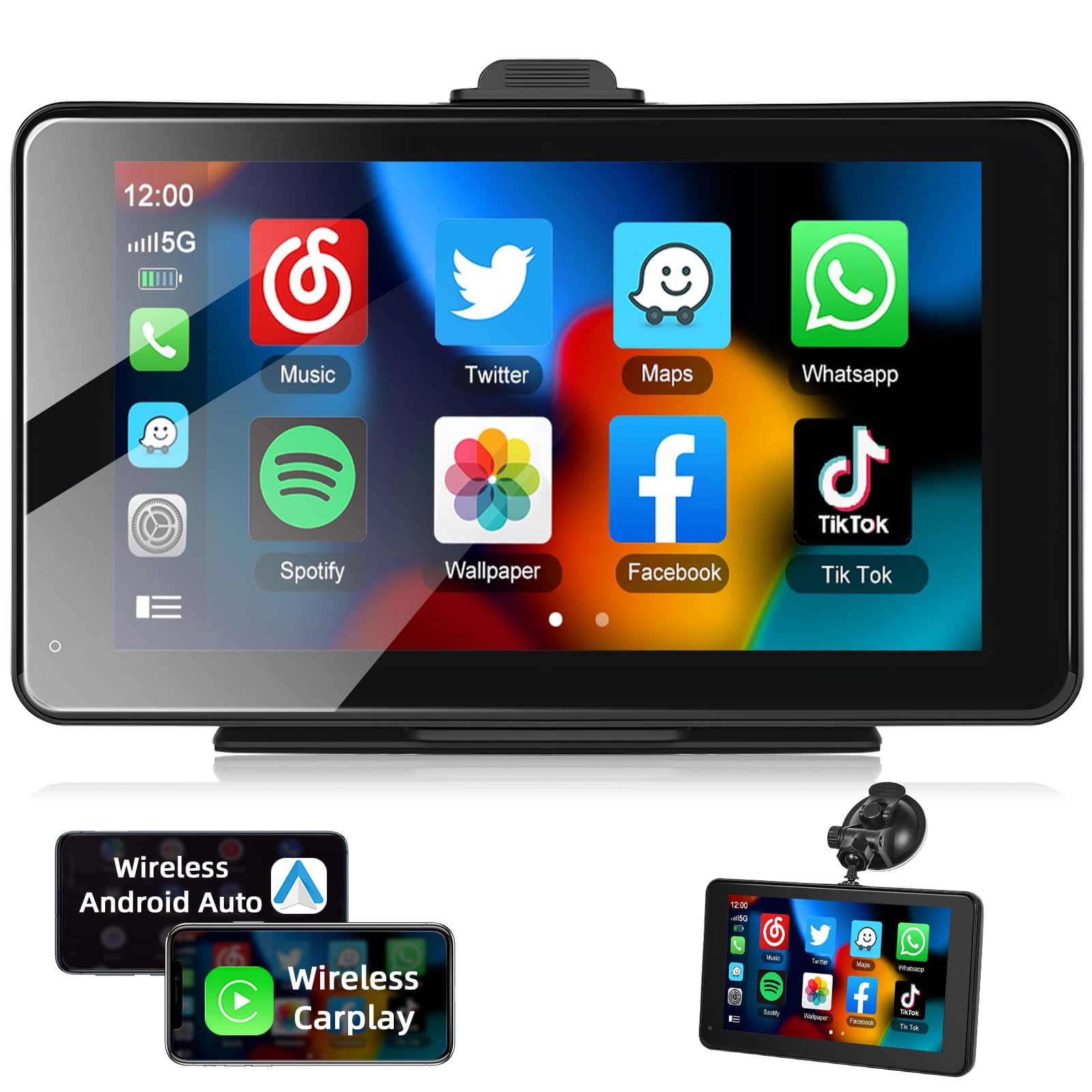 Podofo 7'' HD IPS Touch Screen Portable Car Stereo with Wireless Apple CarPlay & Android Auto - Bluetooth, GPS Navigation, Voice Control, FM Transmitter, Mirror Link, AUX (7V-32V) - Perfect for Road Trips & Daily Commuting
