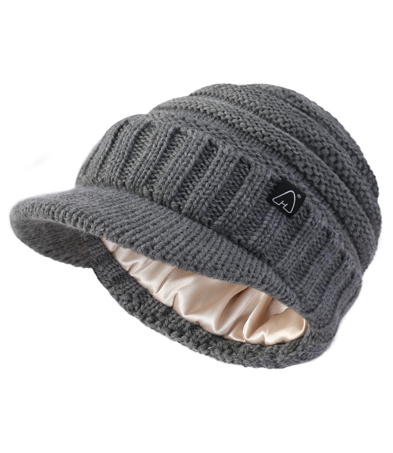 Satin Lined Beanie Hat for Women & Men - Winter Slouchy Beanie with Brim Visor - Warm Knit Hat for Cold Weather - Perfect for Skiing, Snowboarding & Outdoor Activities