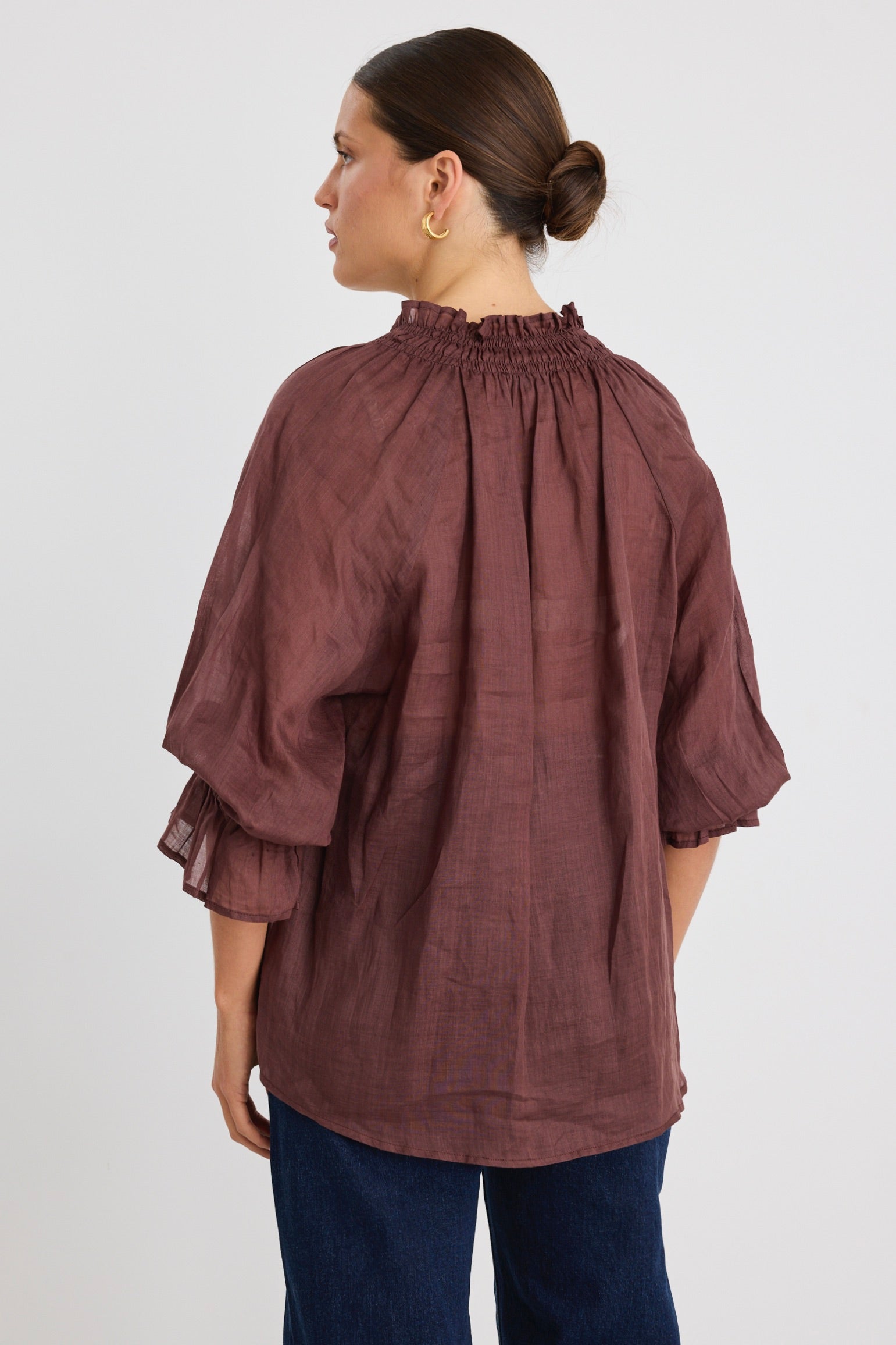 Expedition Chocolate Ramie Shirred Neck Short Sleeve Top - Breathable Summer Blouse for Outdoor Adventures & Casual Wear
