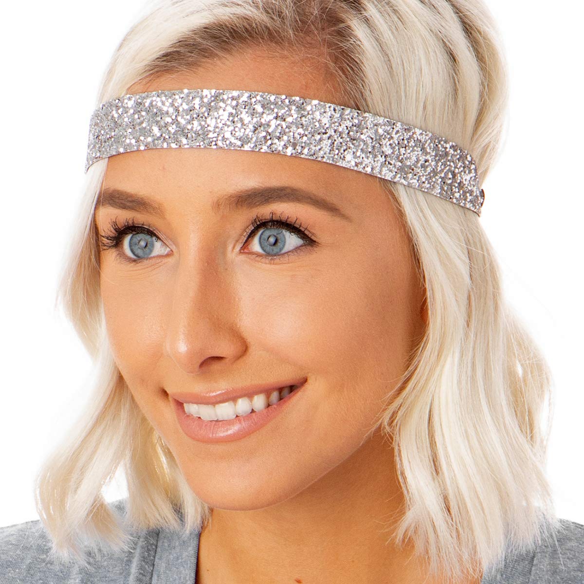 Sparkly Bling Headbands for Women, Girls & Teens - Adjustable No-Slip Petite Size 3-Pack (Silver Glitter Mix) - Perfect for School, Parties, and Everyday Fashion Accessories