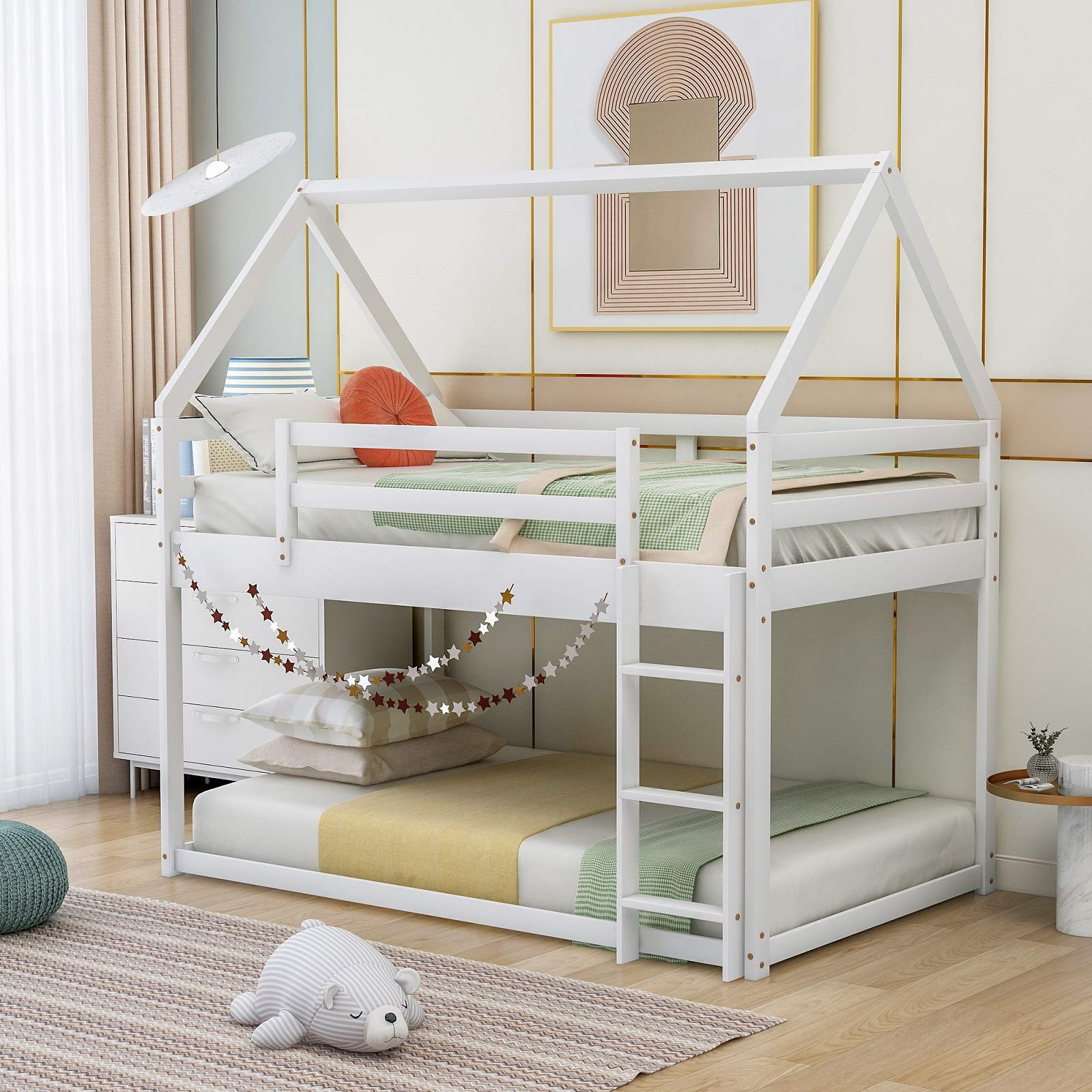 Rhomtree Twin Over Twin Low Bunk Bed with Roof - Sturdy Wood Loft Bed Frame for Kids & Toddlers, No Box Spring Needed, Easy Assembly (White) - Perfect for Small Bedrooms, Shared Kids Rooms & Space-Saving Home Decor