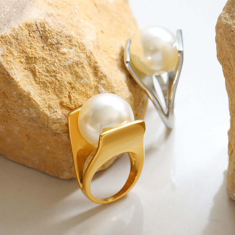18K Gold Y-Shaped Pearl Cocktail Ring - Elegant Statement Jewelry for Women | Perfect for Parties, Weddings & Special Occasions