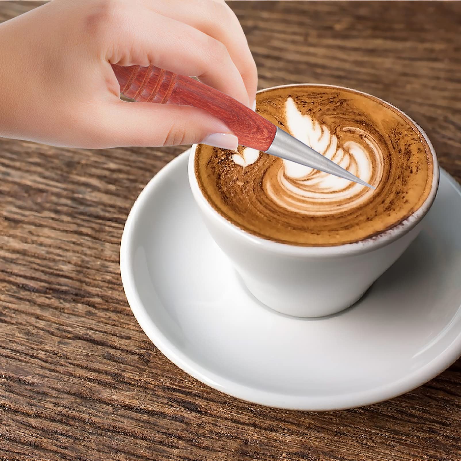 Stainless Steel Coffee Art Pen with Wood Handle for Latte & Cappuccino - Barista Decorating Tool