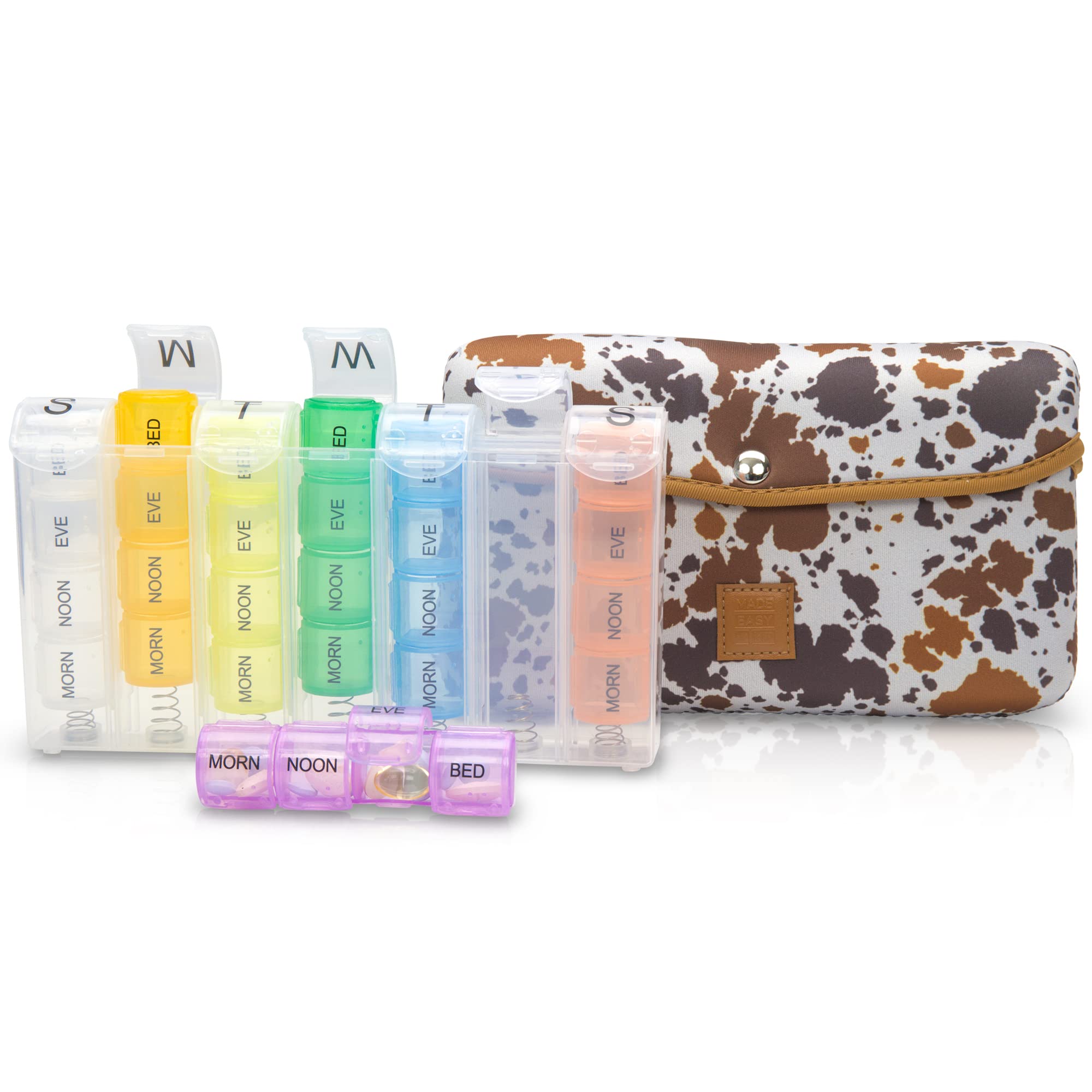 7-Day Large Pill Organizer with 28 Compartments - Neoprene Travel Medicine Case for Daily & Weekly Vitamin Storage (Morning/Noon/Evening/Bedtime) - Perfect for Travel, Work, and Home Use (Brown & White Cow Print)