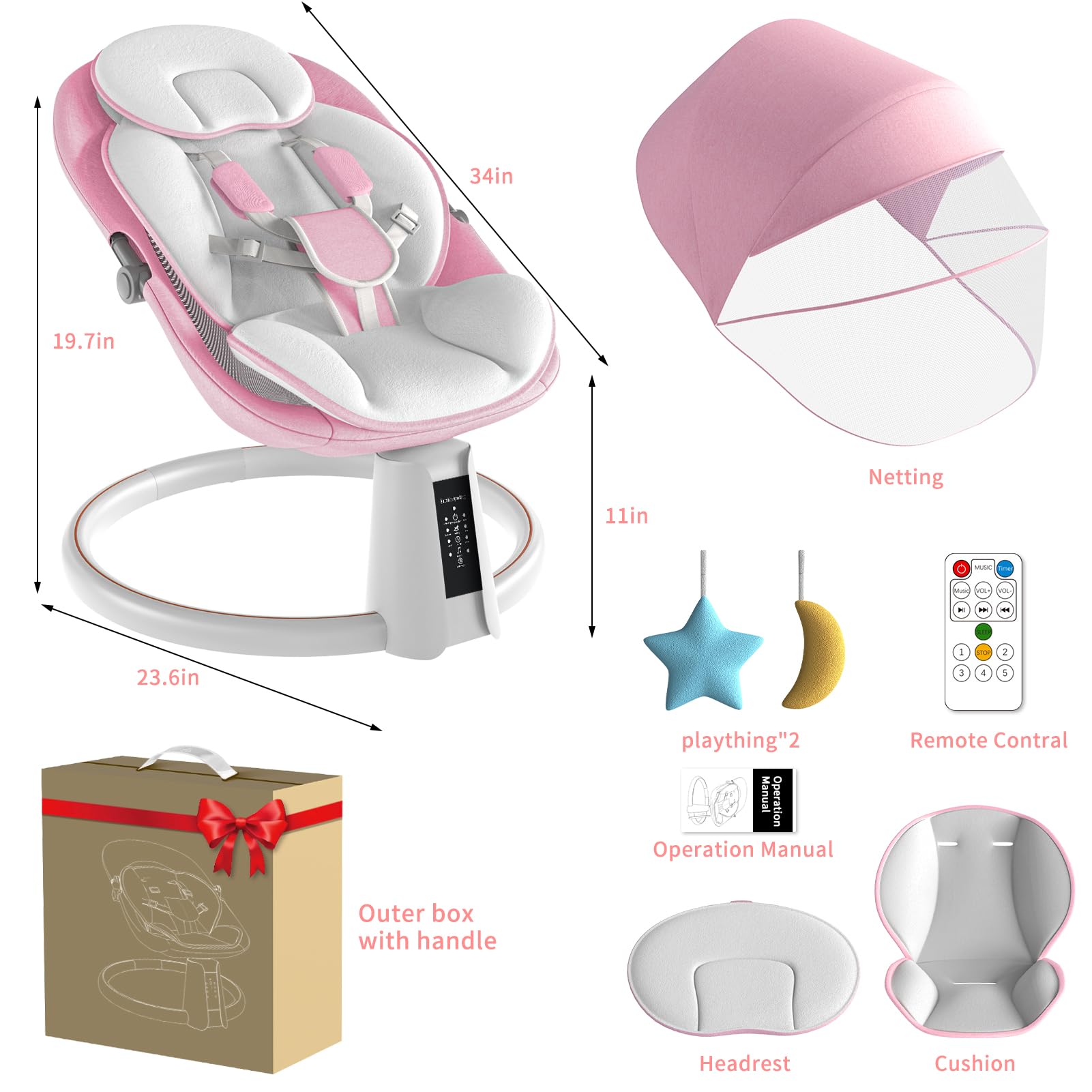 **Baby Swing with Bluetooth & Music Speaker - 5 Speed Adjustable, Remote Control, 12 Lullabies - Portable Electric Infant Swing for Indoor & Outdoor Use (Pink) - Perfect for Nursery, Travel & Soothing Fussy Babies**