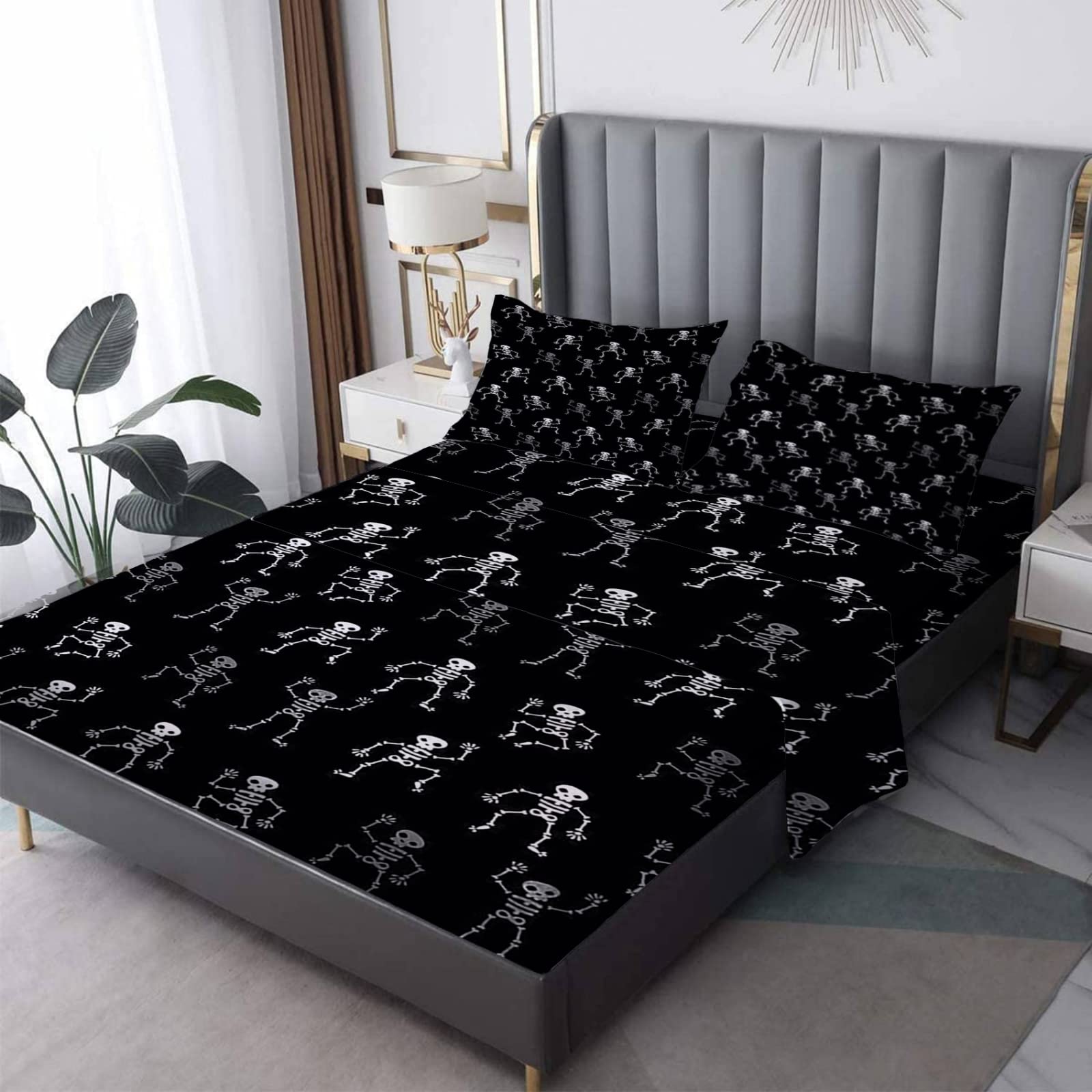 Spooky Skeleton Cal King Sheets Set - 4 Piece Black & White Patterned Bedding with Deep Pocket Fitted Sheet, Flat Sheet & 2 Pillowcases - Soft, Wrinkle-Free Halloween Bed Sheets for Boys - Perfect for Halloween Decor, Themed Bedrooms & Spooky Sleepovers