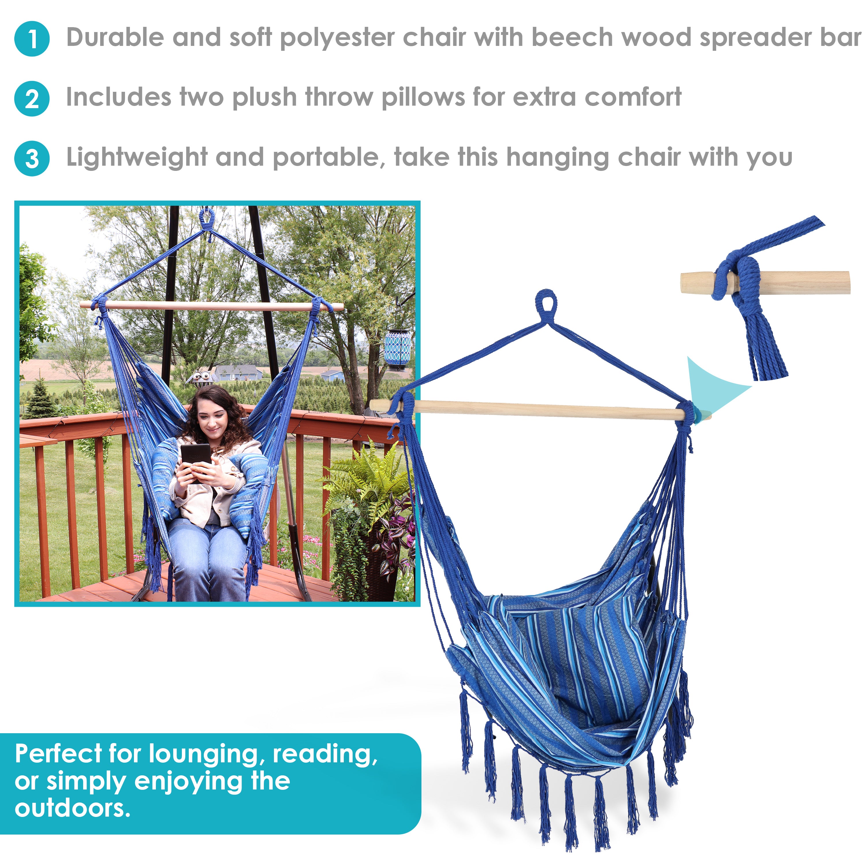 Sunnydaze Cushioned Hanging Hammock Chair with Cornflower Stripes - Perfect for Indoor & Outdoor Relaxation in Bedroom, Patio or Garden